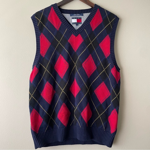 TOMMY HILFIGER Preppy Argyle Oversized Academia 100% Cotton Sweater Vest SZ L - Picture 1 of 5